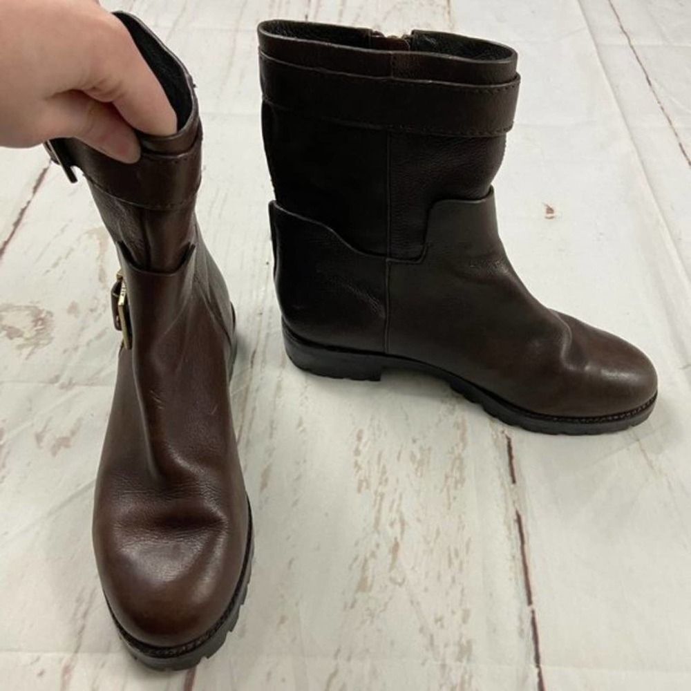 Aerin Lacy Leather Tall Boot in espresso brown gold accent buckle zip Womens 7 - Picture 8 of 8